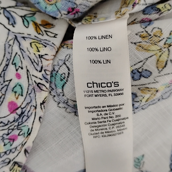 Chico's Linen Button Up Shirt Pastel Paisley White Coastal Classic Size Medium - Picture 14 of 14